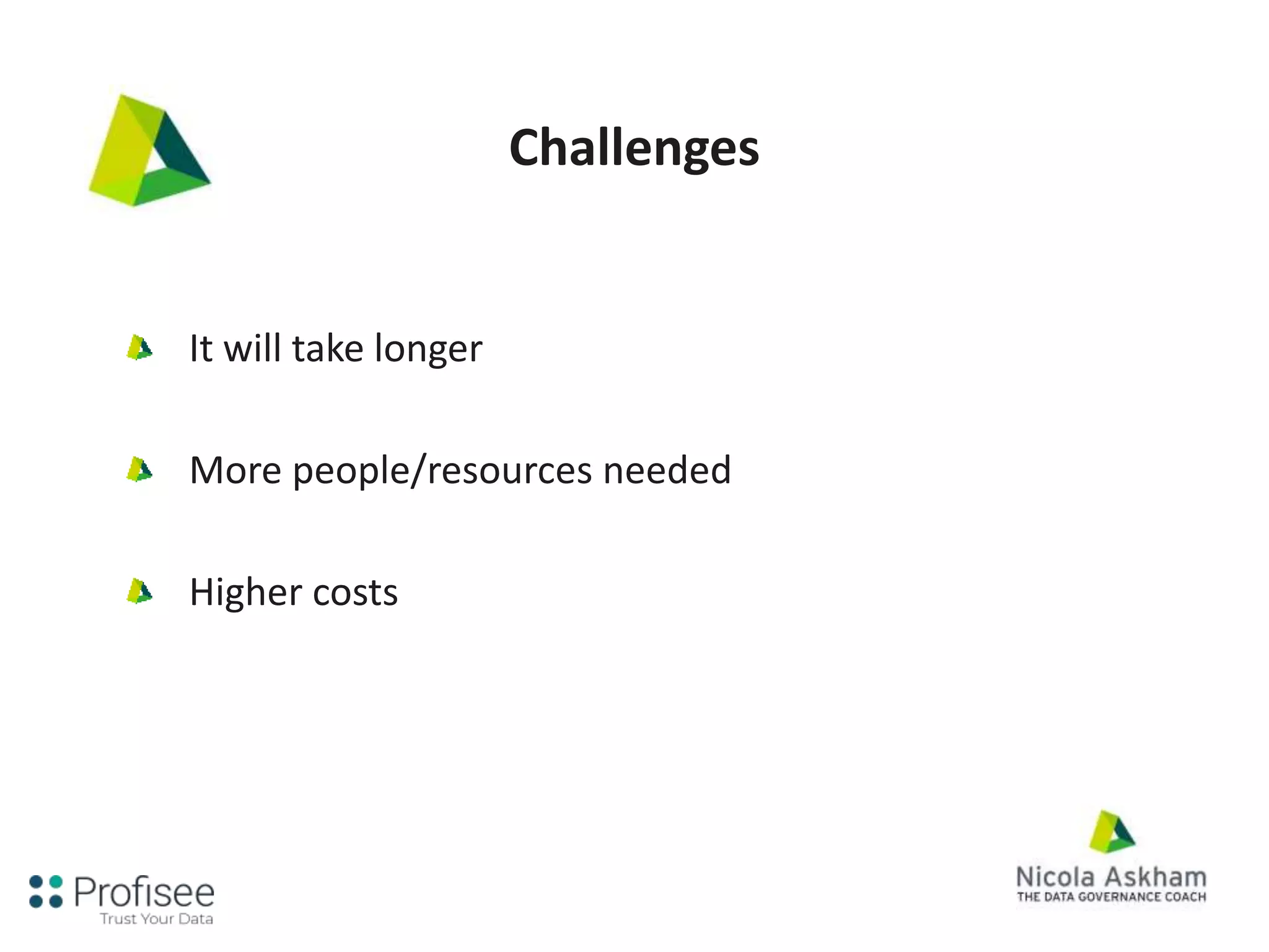 Challenges
It will take longer
More people/resources needed
Higher costs
 