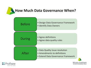 How Much Data Governance When?
• Design Data Governance Framework
• Identify Data OwnersBefore
• Agree definitions
• Agree data quality rules
During
• Data Quality Issue resolution
• Amendments to definitions
• Extend Data Governance Framework
After
 