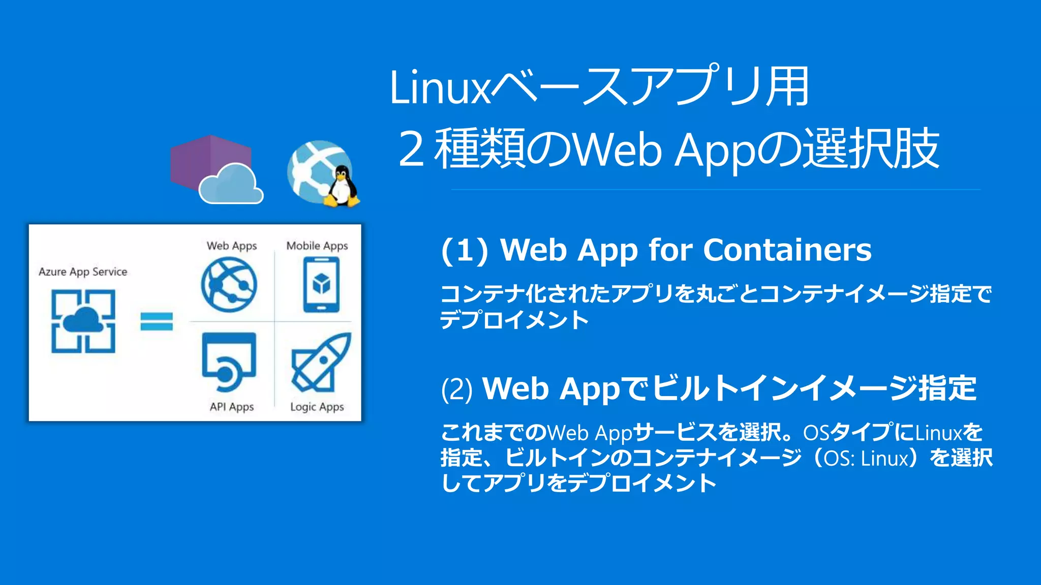 Linuxベースアプリ用
２種類のWeb Appの選択肢
 