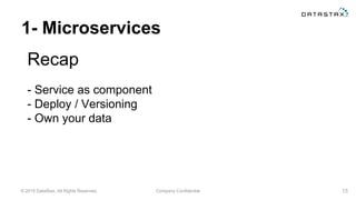 © 2015 DataStax, All Rights Reserved. Company Confidential
1- Microservices
Recap
15
- Service as component
- Deploy / Versioning
- Own your data
 