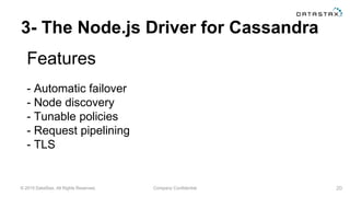© 2015 DataStax, All Rights Reserved. Company Confidential
3- The Node.js Driver for Cassandra
Features
20
- Automatic failover
- Node discovery
- Tunable policies
- Request pipelining
- TLS
 