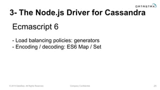© 2015 DataStax, All Rights Reserved. Company Confidential
3- The Node.js Driver for Cassandra
Ecmascript 6
25
- Load balancing policies: generators
- Encoding / decoding: ES6 Map / Set
 