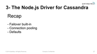 © 2015 DataStax, All Rights Reserved. Company Confidential
3- The Node.js Driver for Cassandra
Recap
27
- Failover built-in
- Connection pooling
- Defaults
 