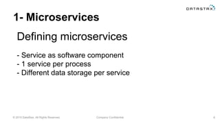 © 2015 DataStax, All Rights Reserved. Company Confidential
1- Microservices
Defining microservices
4
- Service as software component
- 1 service per process
- Different data storage per service
 