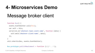 © 2015 DataStax, All Rights Reserved. Company Confidential
4- Microservices Demo
Message broker client
40
function Bus() {
events.EventEmitter.call(this);
var self = this;
serverLib.on('whatever.topic.event.name', function (data) {
self.emit('whatever-client-name', data);
});
}
util.inherits(Bus, events.EventEmitter);
Bus.prototype.publishNewComment = function () {/*...*/};
 