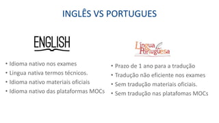 INGLÊS VS PORTUGUES
• Prazo de 1 ano para a tradução
• Tradução não eficiente nos exames
• Sem tradução materiais oficiais.
• Sem tradução nas platafomas MOCs
• Idioma nativo nos exames
• Lingua nativa termos técnicos.
• Idioma nativo materiais oficiais
• Idioma nativo das plataformas MOCs
 