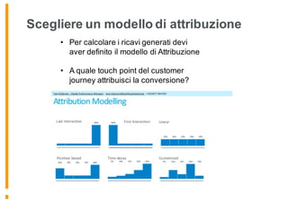 • Per calcolare i ricavi generati devi
aver definito il modello di Attribuzione
• A quale touch point del customer
journey attribuisci la conversione?
Scegliere un modello di attribuzione
 