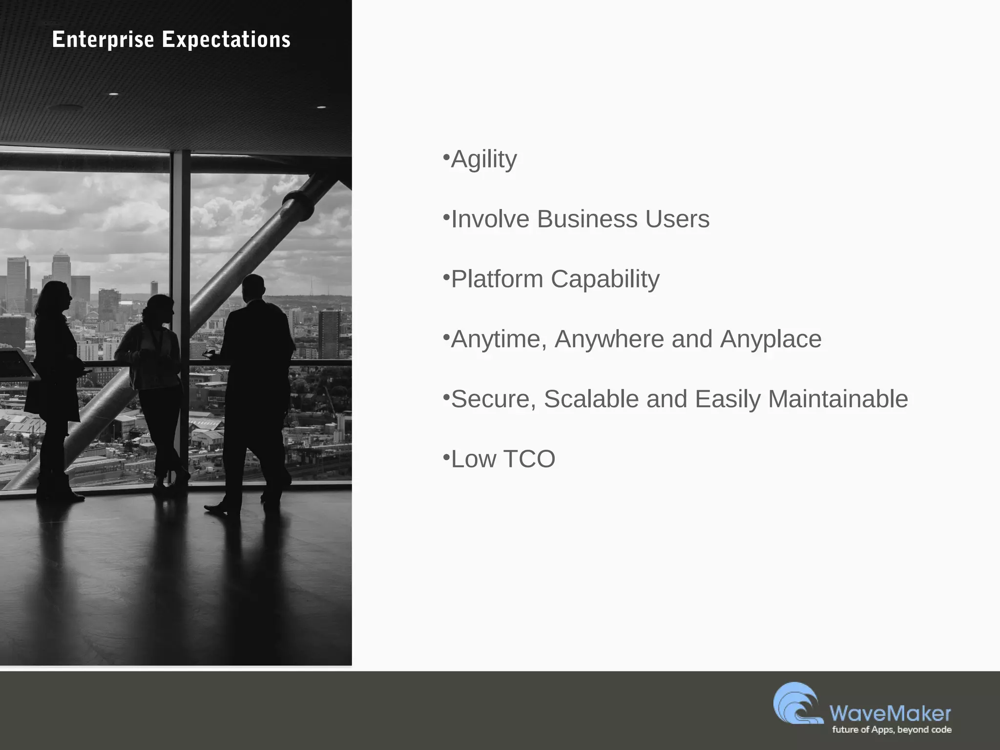 Enterprise Expectations
•Agility
•Involve Business Users
•Platform Capability
•Anytime, Anywhere and Anyplace
•Secure, Scalable and Easily Maintainable
•Low TCO
 