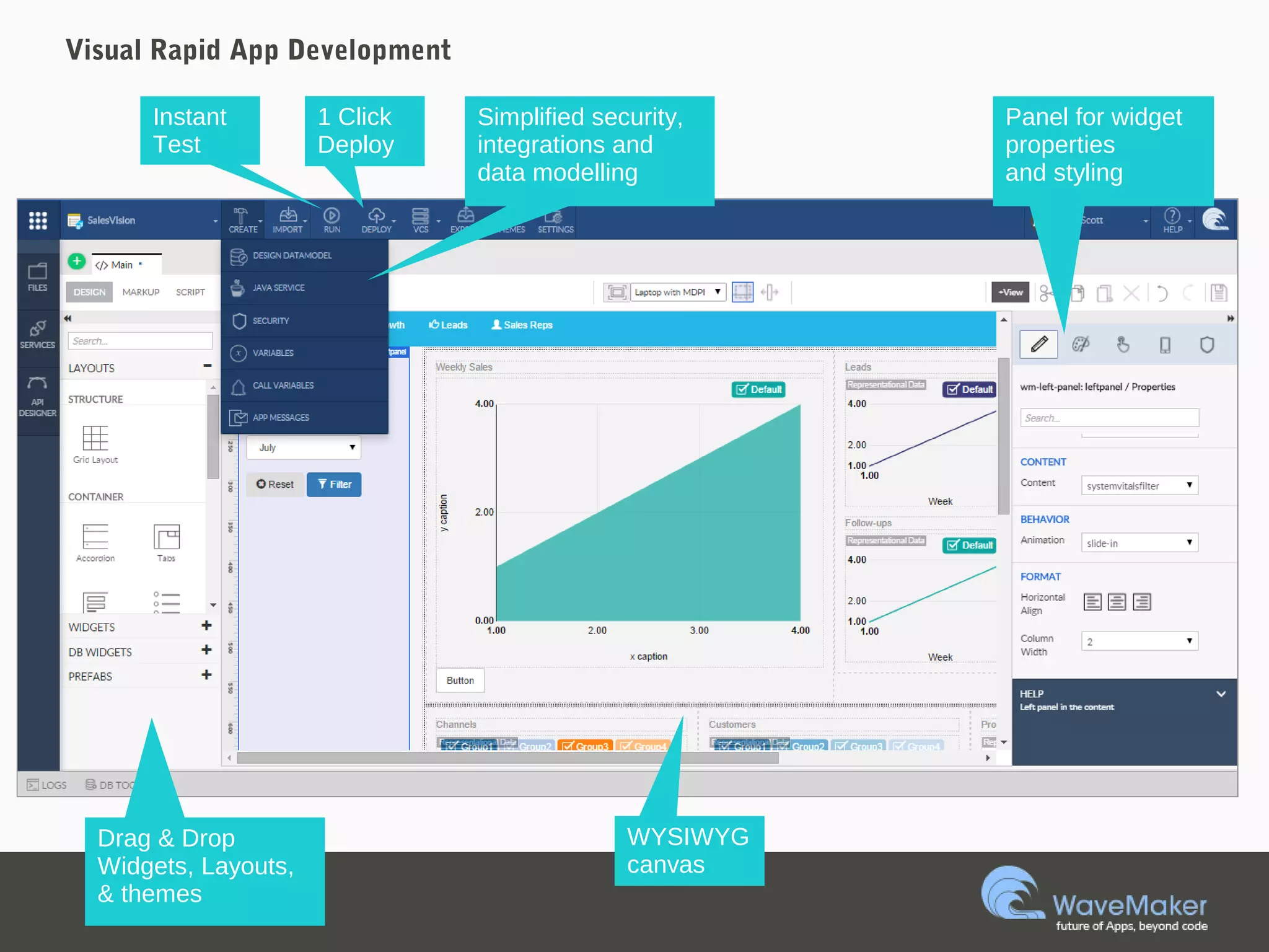 Visual Rapid App Development
Panel for widget
properties
and styling
Simplified security,
integrations and
data modelling
Drag & Drop
Widgets, Layouts,
& themes
WYSIWYG
canvas
Instant
Test
1 Click
Deploy
 