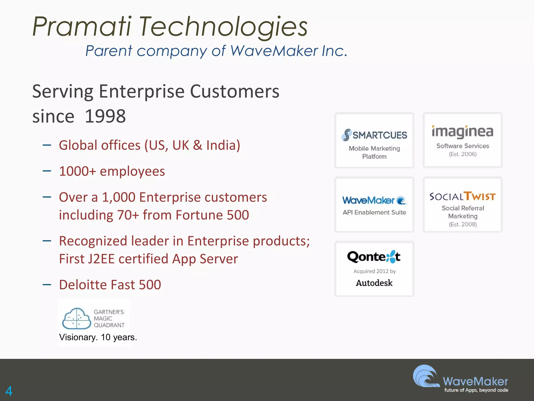 Pramati Technologies
Parent company of WaveMaker Inc.
Serving Enterprise Customers
since 1998
– Global offices (US, UK & India)
– 1000+ employees
– Over a 1,000 Enterprise customers
including 70+ from Fortune 500
– Recognized leader in Enterprise products;
First J2EE certified App Server
– Deloitte Fast 500
Visionary. 10 years.
Acquired 2012 by
4
 