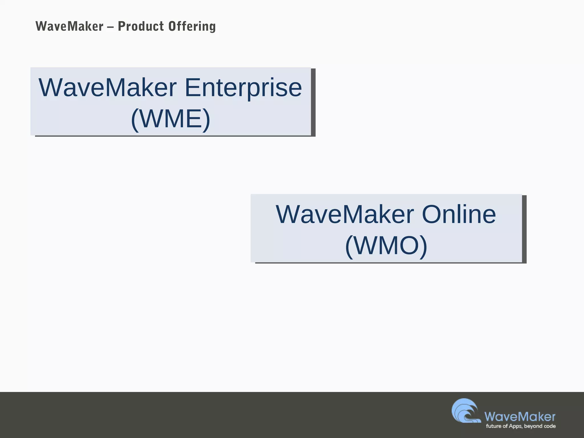 WaveMaker – Product Offering
WaveMaker Enterprise
(WME)
WaveMaker Enterprise
(WME)
WaveMaker Online
(WMO)
WaveMaker Online
(WMO)
 