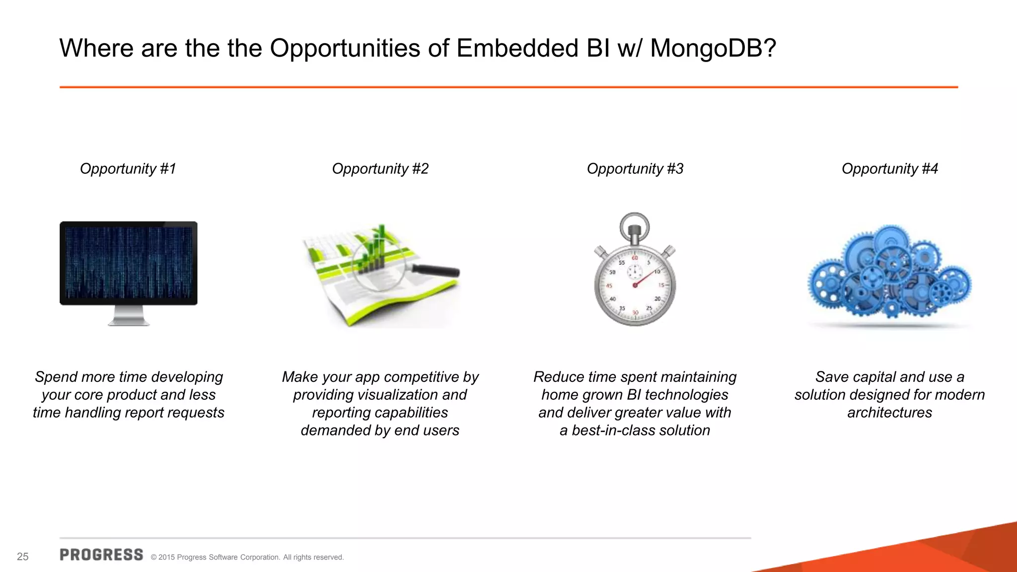 © 2015 Progress Software Corporation. All rights reserved.25
Where are the the Opportunities of Embedded BI w/ MongoDB?
Opportunity #2
Make your app competitive by
providing visualization and
reporting capabilities
demanded by end users
Opportunity #4
Save capital and use a
solution designed for modern
architectures
Spend more time developing
your core product and less
time handling report requests
Opportunity #1
Reduce time spent maintaining
home grown BI technologies
and deliver greater value with
a best-in-class solution
Opportunity #3
 