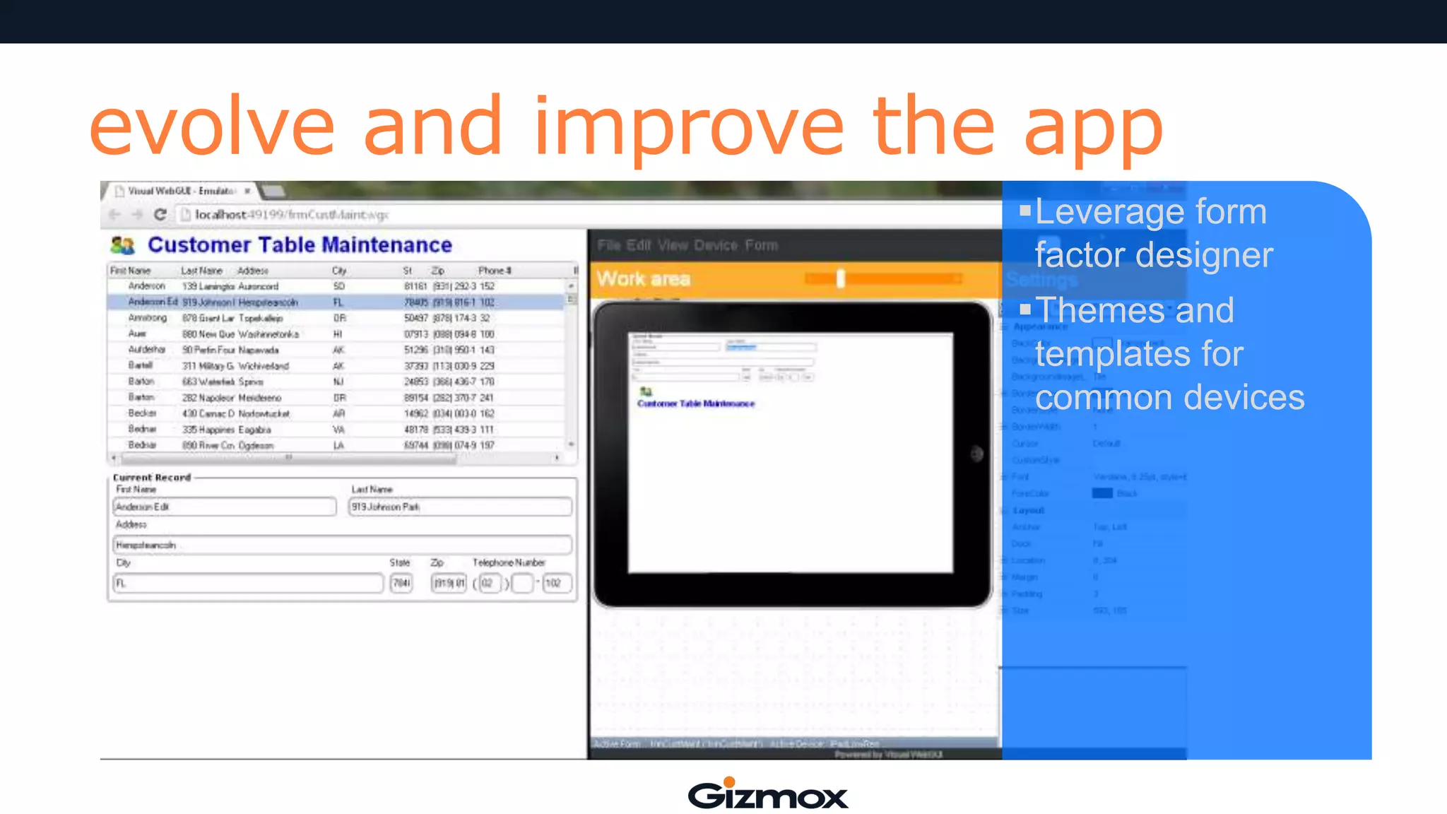 evolve and improve the app
Leverage form
factor designer
Themes and
templates for
common devices

 