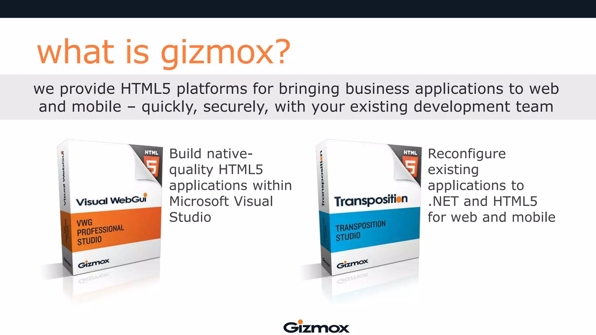 what is gizmox?
we provide HTML5 platforms for bringing business applications to web
and mobile – quickly, securely, with your existing development team
Build nativequality HTML5
applications within
Microsoft Visual
Studio

Reconfigure
existing
applications to
.NET and HTML5
for web and mobile

 