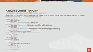 Analyzing Queries – EXPLAIN
61 © 2020 Oracle MySQL
EXPLAIN SELECT distinct title FROM titles INNER JOIN salaries USING (em...
