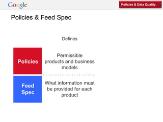Policies & Data Quality



Policies & Feed Spec

                                        Continuity from
                    Defines          Product Search to the
                                     new Google Shopping

                  Permissible          All products are
  Policies   products and business         subject to
                    models            AdWords policies


             What information must     Former Product
   Feed
             be provided for each     Search feed spec
   Spec             product               persists
 