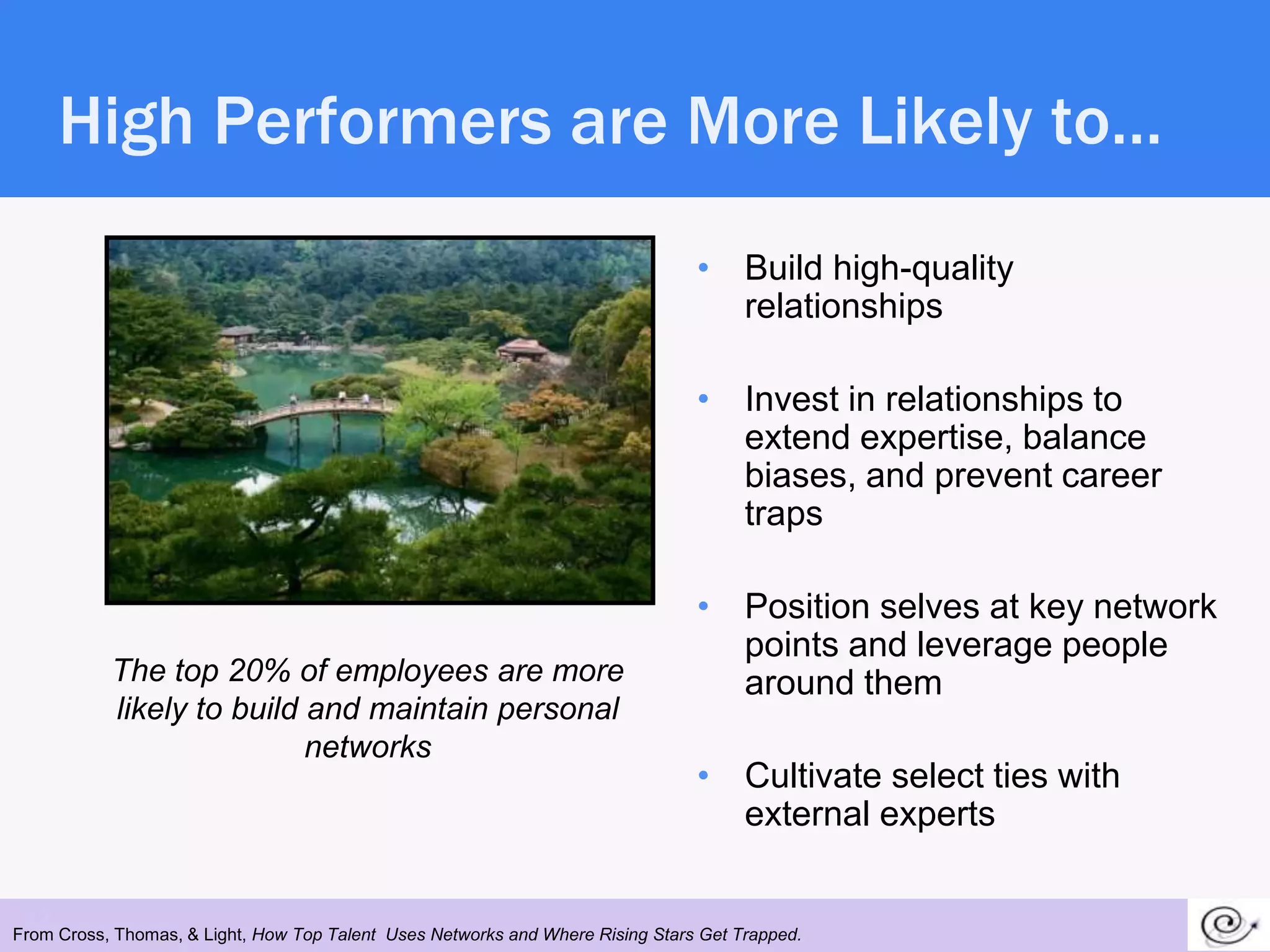 High Performers are More Likely to…
                                                                                • Build high-quality
                                                                                  relationships

                                                                                • Invest in relationships to
                                                                                  extend expertise, balance
                                                                                  biases, and prevent career
                                                                                  traps

                                                                                • Position selves at key network
                                                                                  points and leverage people
           The top 20% of employees are more                                      around them
           likely to build and maintain personal
                           networks
                                                                                • Cultivate select ties with
                                                                                  external experts

 22
From Cross, Thomas, & Light, How Top Talent Uses Networks and Where Rising Stars Get Trapped.
 