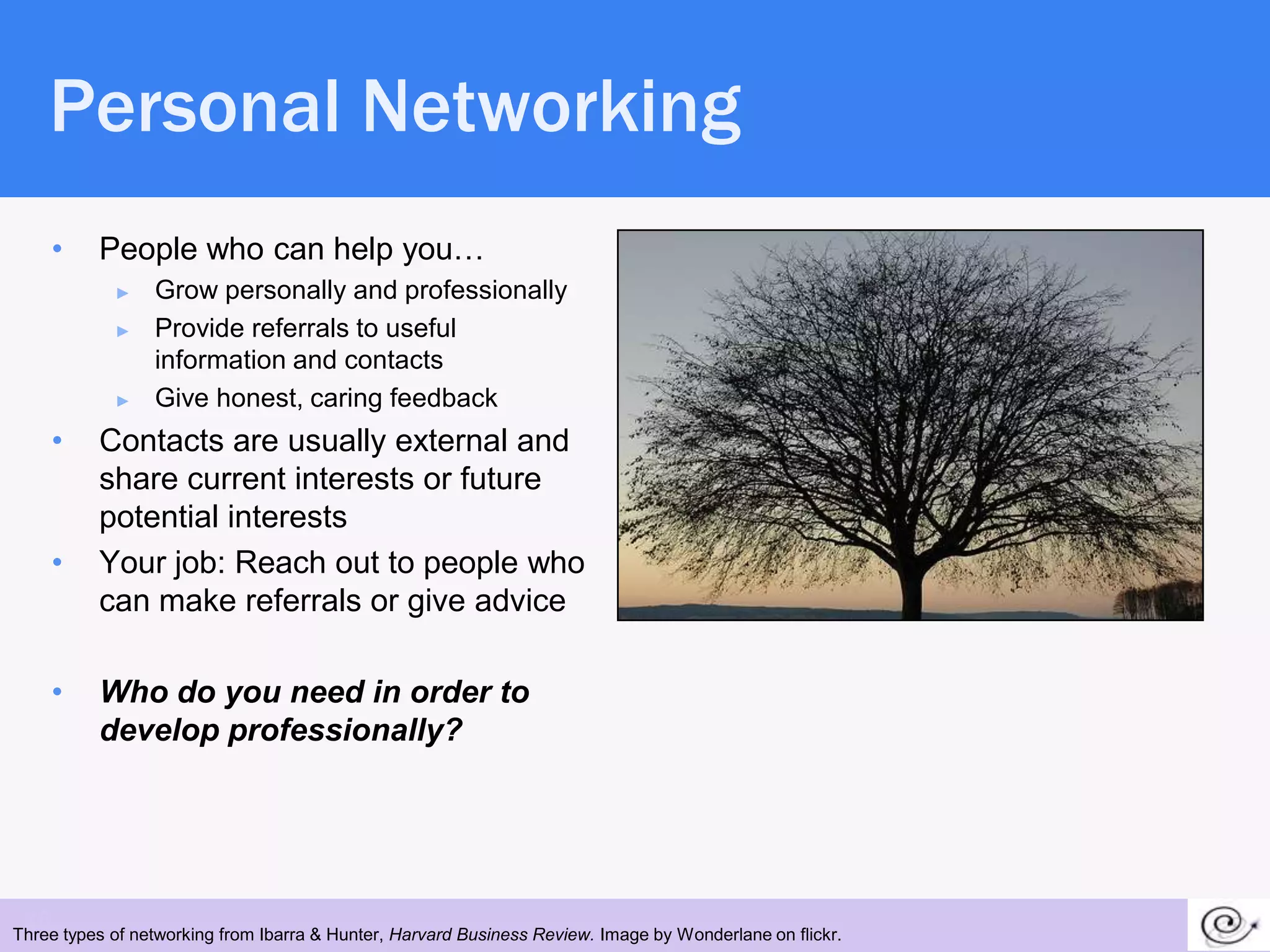 Personal Networking
      •   People who can help you…
            ►    Grow personally and professionally
            ►    Provide referrals to useful
                 information and contacts
            ►    Give honest, caring feedback
      •   Contacts are usually external and
          share current interests or future
          potential interests
      •   Your job: Reach out to people who
          can make referrals or give advice

      •   Who do you need in order to
          develop professionally?




 26
Three types of networking from Ibarra & Hunter, Harvard Business Review. Image by Wonderlane on flickr.
 