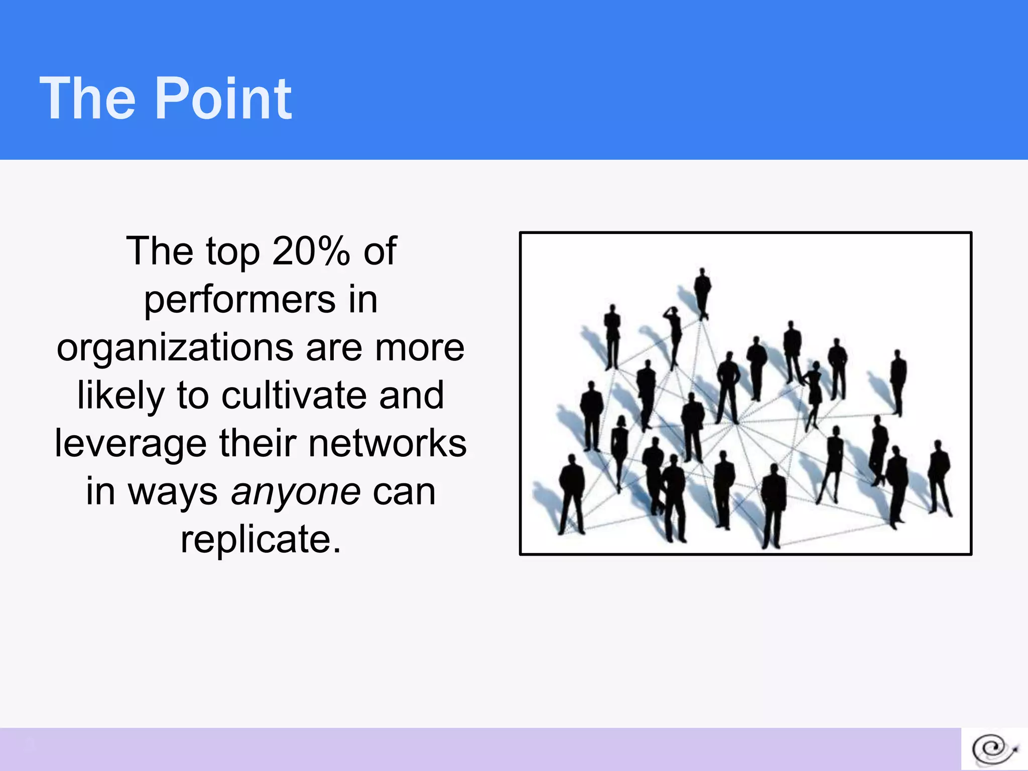 The Point

          The top 20% of
           performers in
    organizations are more
      likely to cultivate and
    leverage their networks
       in ways anyone can
             replicate.



3
 