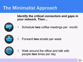 The Minimalist Approach
      Identify the critical connectors and gaps in
      your network. Then…

      1. Schedule tw...