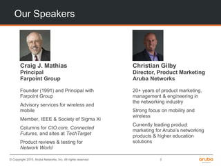 © Copyright 2015. Aruba Networks, Inc. All rights reserved 3
Our Speakers
Craig J. Mathias
Principal
Farpoint Group
Founder (1991) and Principal with
Farpoint Group
Advisory services for wireless and
mobile
Member, IEEE & Society of Sigma Xi
Columns for CIO.com, Connected
Futures, and sites at TechTarget
Product reviews & testing for
Network World
Christian Gilby
Director, Product Marketing
Aruba Networks
20+ years of product marketing,
management & engineering in
the networking industry
Strong focus on mobility and
wireless
Currently leading product
marketing for Aruba’s networking
products & higher education
solutions
 