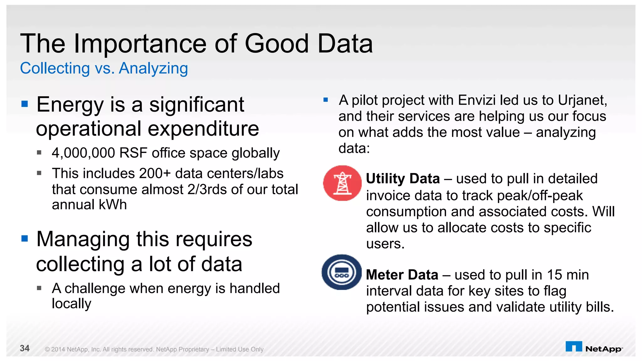 The Importance of Good Data 
Collecting vs. Analyzing 
§ Energy is a significant 
operational expenditure 
§ 4,000,000 RSF office space globally 
§ This includes 200+ data centers/labs 
that consume almost 2/3rds of our total 
annual kWh 
§ Managing this requires 
collecting a lot of data 
§ A challenge when energy is handled 
locally 
§ A pilot project with Envizi led us to Urjanet, 
and their services are helping us our focus 
on what adds the most value – analyzing 
data: 
§ Utility Data – used to pull in detailed 
invoice data to track peak/off-peak 
consumption and associated costs. Will 
allow us to allocate costs to specific 
users. 
§ Meter Data – used to pull in 15 min 
interval data for key sites to flag 
potential issues and validate utility bills. 
© 2014 NetApp, Inc. All rights reserved. NetApp Proprietary 34 – Limited Use Only 
 