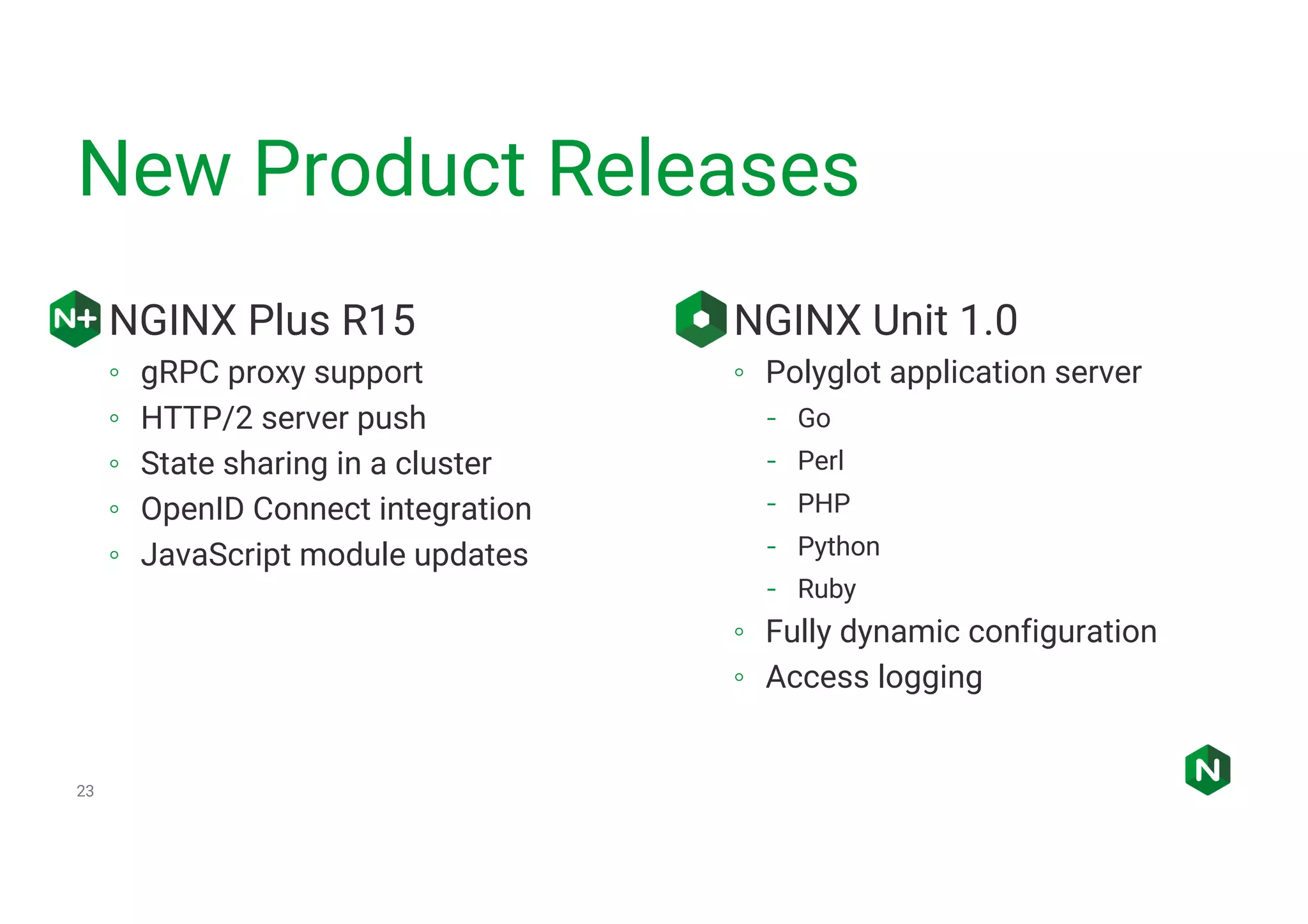 New Product Releases 23 • NGINX Plus R15 ◦ gRPC proxy support ◦ HTTP/2 server push ◦ State sharing in a cluster ◦ OpenID Connect integration ◦ JavaScript module updates • NGINX Unit 1.0 ◦ Polyglot application server Go Perl PHP Python Ruby ◦ Fully dynamic configuration ◦ Access logging 