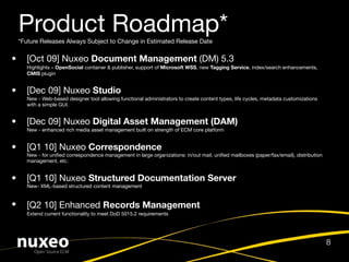 Product Roadmap*
    *Future Releases Always Subject to Change in Estimated Release Date

•     [Oct 09] Nuxeo Document Management (DM) 5.3
      Highlights – OpenSocial container & publisher, support of Microsoft WSS, new Tagging Service, index/search enhancements,
      CMIS plugin


•     [Dec 09] Nuxeo Studio
      New - Web-based designer tool allowing functional administrators to create content types, life cycles, metadata customizations
      with a simple GUI.


•     [Dec 09] Nuxeo Digital Asset Management (DAM)
      New - enhanced rich media asset management built on strength of ECM core platform


•     [Q1 10] Nuxeo Correspondence
      New - for uniﬁed correspondence management in large organizations: in/out mail, uniﬁed mailboxes (paper/fax/email), distribution
      management, etc.


•     [Q1 10] Nuxeo Structured Documentation Server
      New- XML-based structured content management


•     [Q2 10] Enhanced Records Management
      Extend current functionality to meet DoD 5015.2 requirements




                                                                                                                                         8
 