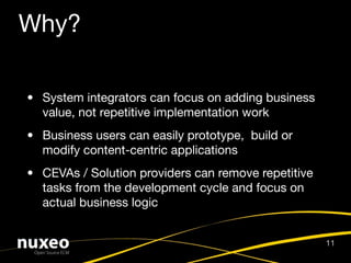 Why?

• System integrators can focus on adding business
  value, not repetitive implementation work
• Business users can easily prototype, build or
  modify content-centric applications
• CEVAs / Solution providers can remove repetitive
  tasks from the development cycle and focus on
  actual business logic


                                                     11
 