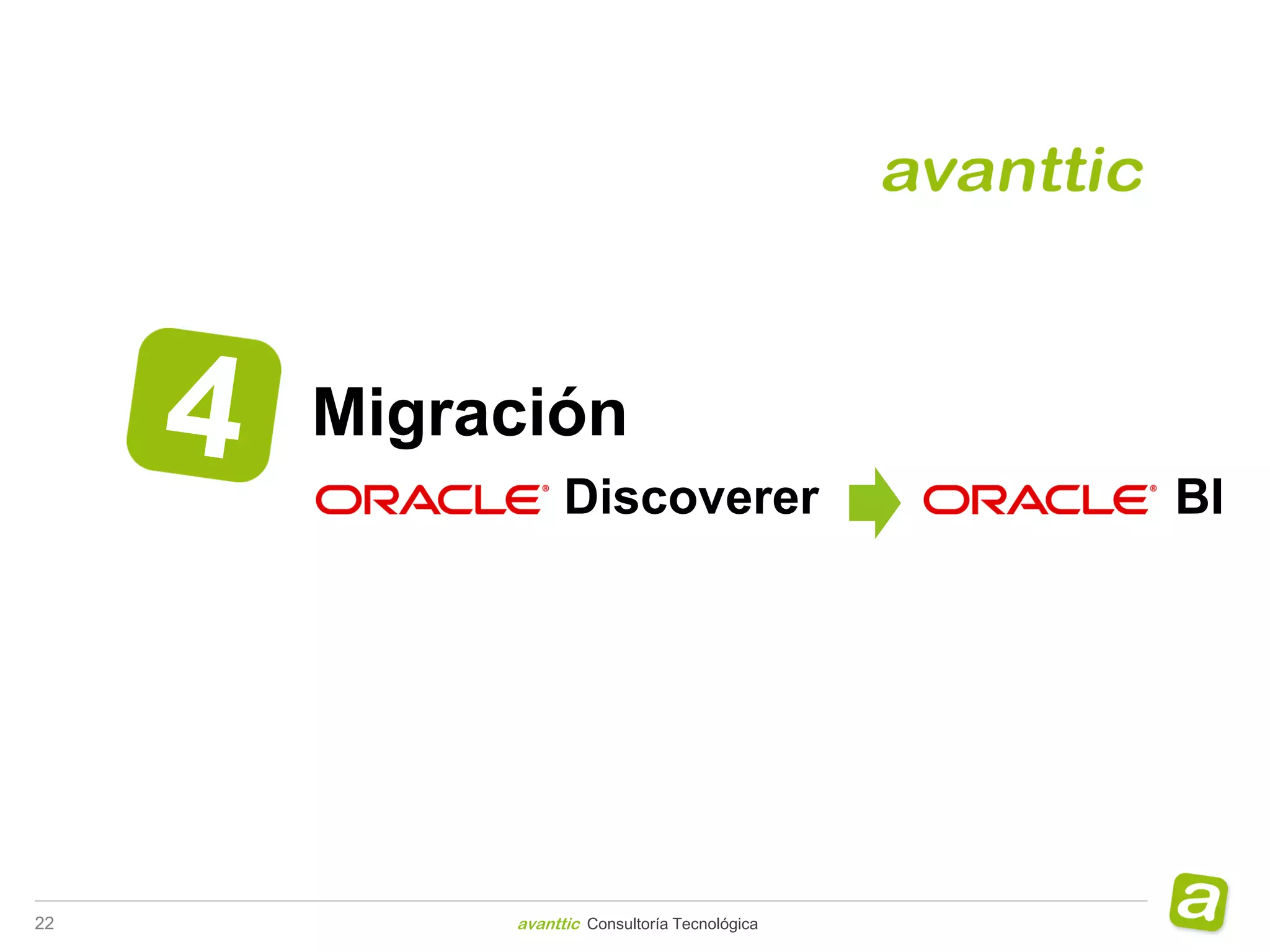 Migración
                Discoverer                   BI




22        avanttic Consultoría Tecnológica
 