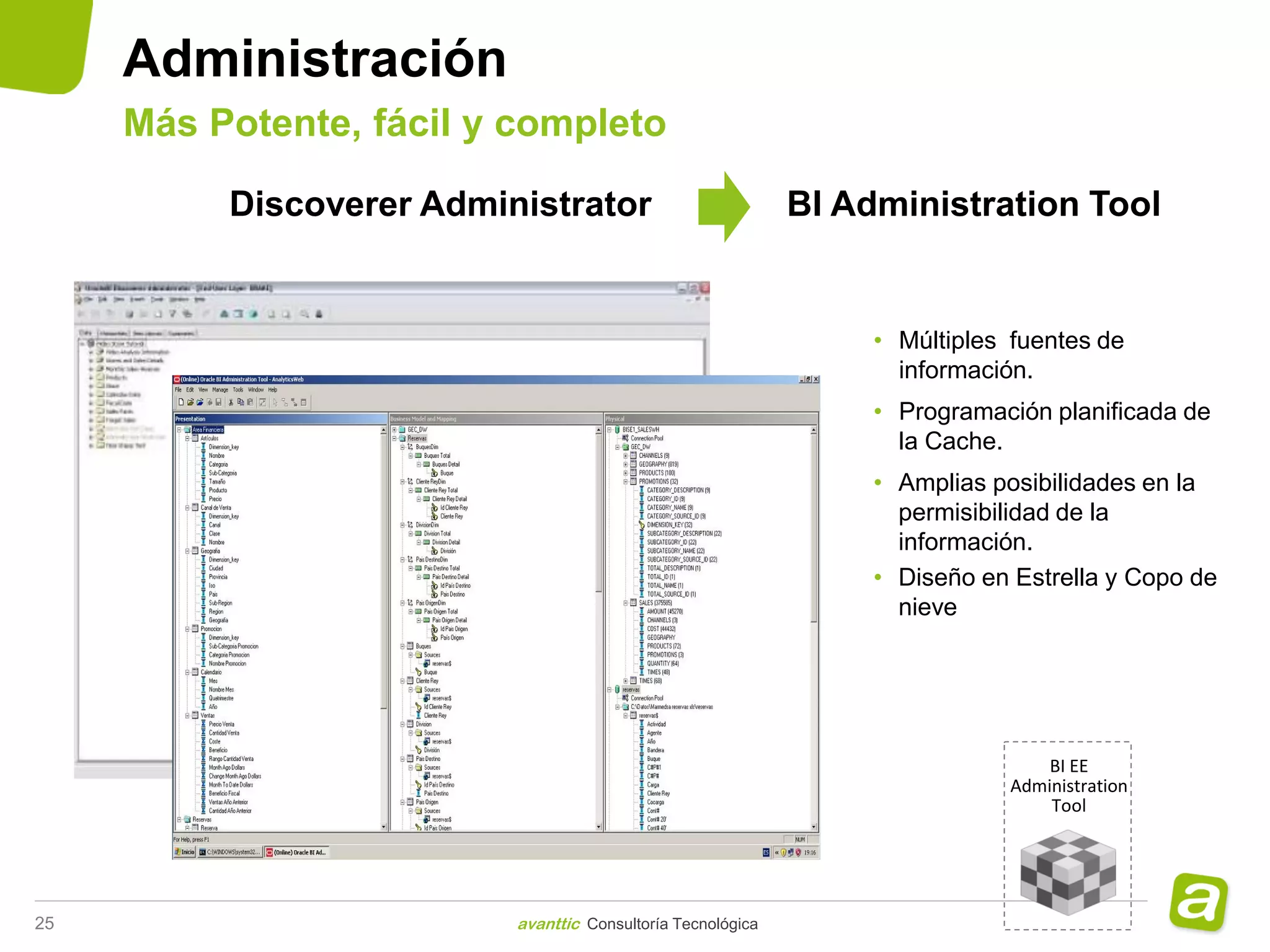 Administración
     Más Potente, fácil y completo

          Discoverer Administrator                           BI Administration Tool


                                                                  • Múltiples fuentes de
                                                                    información.
                                                                  • Programación planificada de
                                                                    la Cache.
                                                                  • Amplias posibilidades en la
                                                                    permisibilidad de la
                                                                    información.
                                                                  • Diseño en Estrella y Copo de
                                                                    nieve




                                                                                 BI EE
                                                                             Administration
                                                                                 Tool




25                        avanttic Consultoría Tecnológica
 