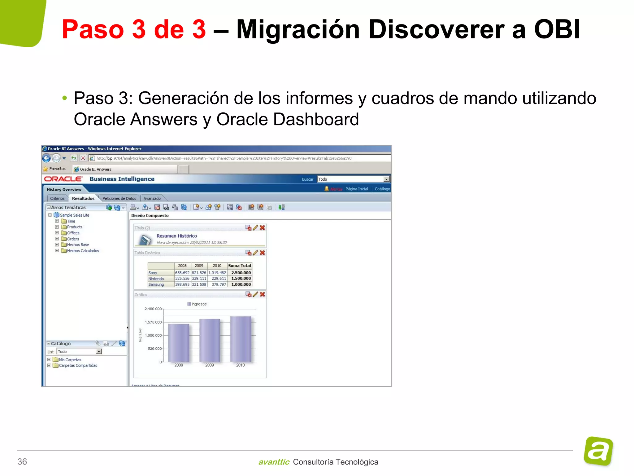 Paso 3 de 3 – Migración Discoverer a OBI

     • Paso 3: Generación de los informes y cuadros de mando utilizando
       Oracle Answers y Oracle Dashboard




36                           avanttic Consultoría Tecnológica
 