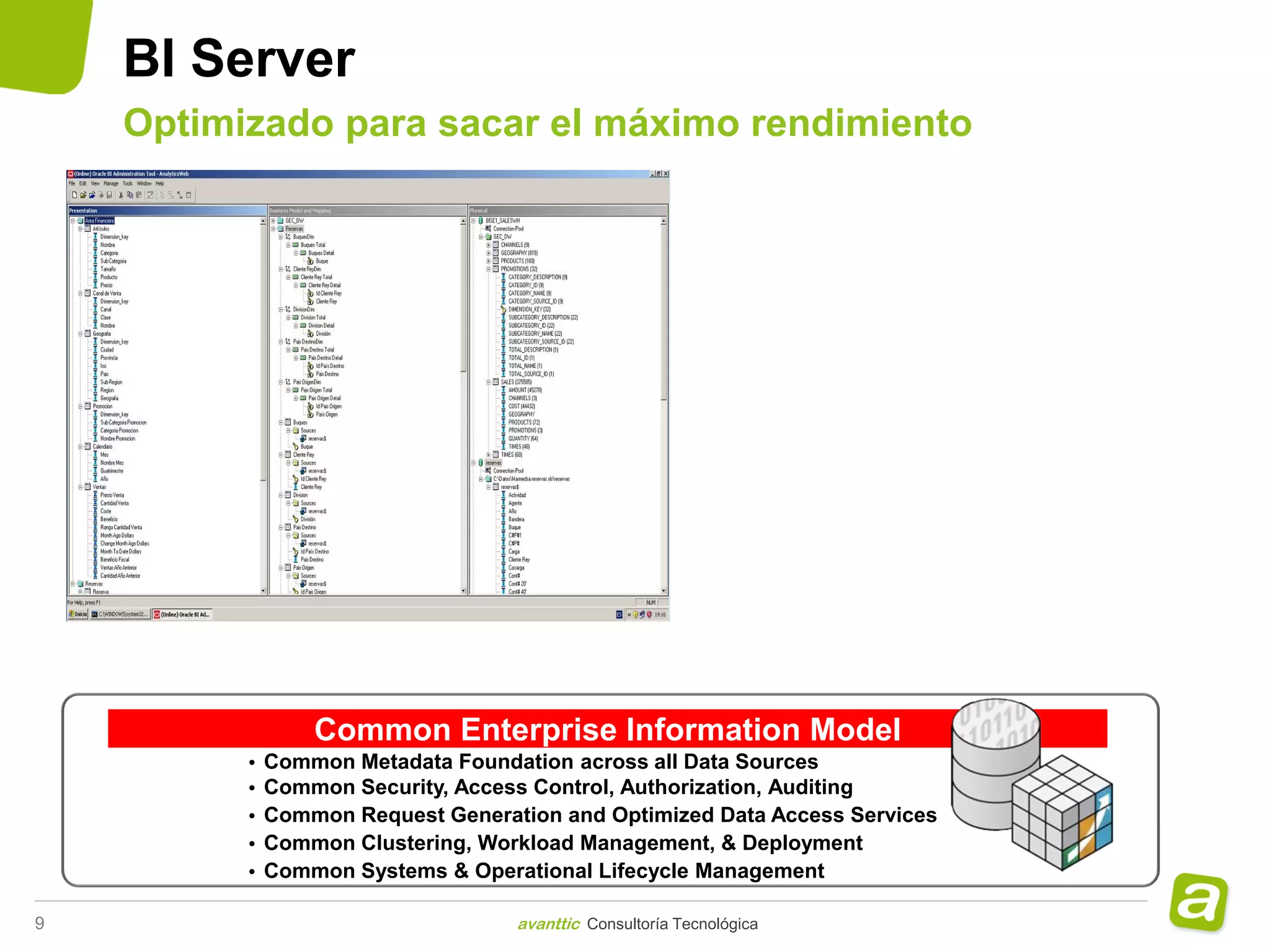 BI Server
    Optimizado para sacar el máximo rendimiento




                  Common Enterprise Information Model
          •   Common Metadata Foundation across all Data Sources
          •   Common Security, Access Control, Authorization, Auditing
          •   Common Request Generation and Optimized Data Access Services
          •   Common Clustering, Workload Management, & Deployment
          •   Common Systems & Operational Lifecycle Management

9                                   avanttic Consultoría Tecnológica
 