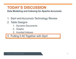 TODAY’S DISCUSSION
1.  Sqrrl and Accumulo Technology Review
2.  Table Designs
1.  Dynamic Documents
2.  Graphs
3.  Inverted Indexes
3.  Putting It All Together with Sqrrl
Data Modeling and Indexing for Apache Accumulo
Sqrrl%Data,%Inc.%Conﬁden3al%and%Proprietary% 17%
 