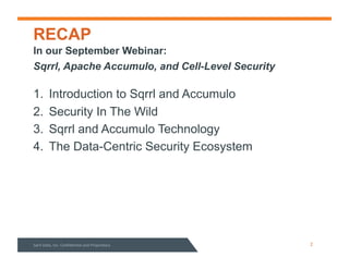 RECAP
1.  Introduction to Sqrrl and Accumulo
2.  Security In The Wild
3.  Sqrrl and Accumulo Technology
4.  The Data-Centric Security Ecosystem
In our September Webinar:
Sqrrl, Apache Accumulo, and Cell-Level Security
Sqrrl%Data,%Inc.%Conﬁden3al%and%Proprietary% 2%
 