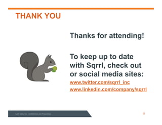 THANK YOU
Thanks for attending!
To keep up to date
with Sqrrl, check out
or social media sites:
www.twitter.com/sqrrl_inc
www.linkedin.com/company/sqrrl
Sqrrl%Data,%Inc.%Conﬁden3al%and%Proprietary% 21%
 