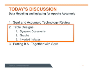 TODAY’S DISCUSSION
1.  Sqrrl and Accumulo Technology Review
2.  Table Designs
1.  Dynamic Documents
2.  Graphs
3.  Inverted Indexes
3.  Putting It All Together with Sqrrl
Data Modeling and Indexing for Apache Accumulo
Sqrrl%Data,%Inc.%Conﬁden3al%and%Proprietary% 8%
 