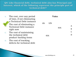 A. The cost, over any period
of time, if not eliminating
a Technical Debt instance
B. The cost of eliminating a
Technical Debt instance
right now
C. The cost of maintaining
the technical debt
product backlog items
D. The cost of tracking
defects for technical debt
www.iZenBridge.com 20
41%
41%
6% 12%
Votes
A
B
C
D
 
