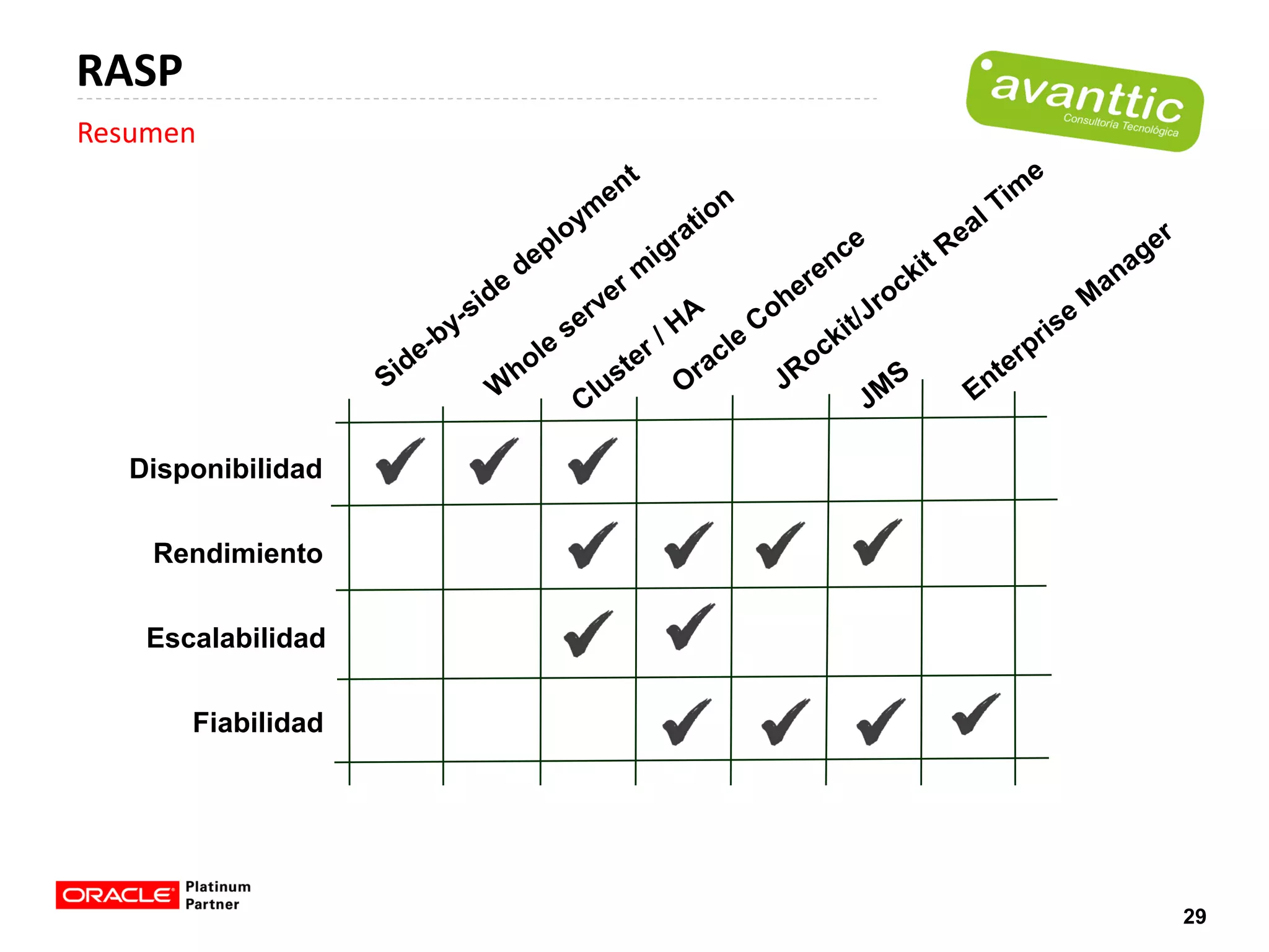 RASP
Resumen




   Disponibilidad


    Rendimiento


    Escalabilidad


       Fiabilidad




                    29
 