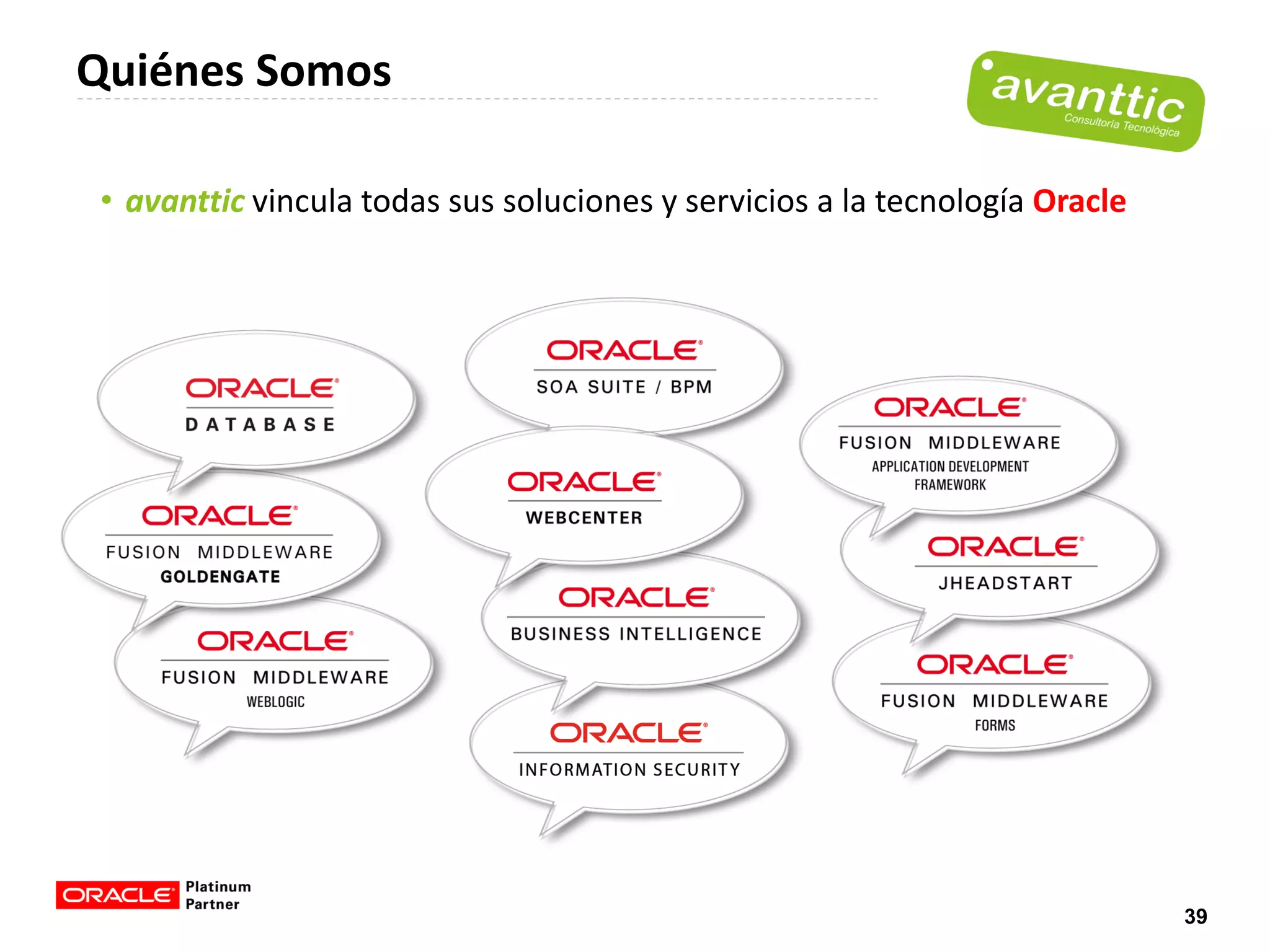 Quiénes Somos

• avanttic vincula todas sus soluciones y servicios a la tecnología Oracle




                                                                             39
 