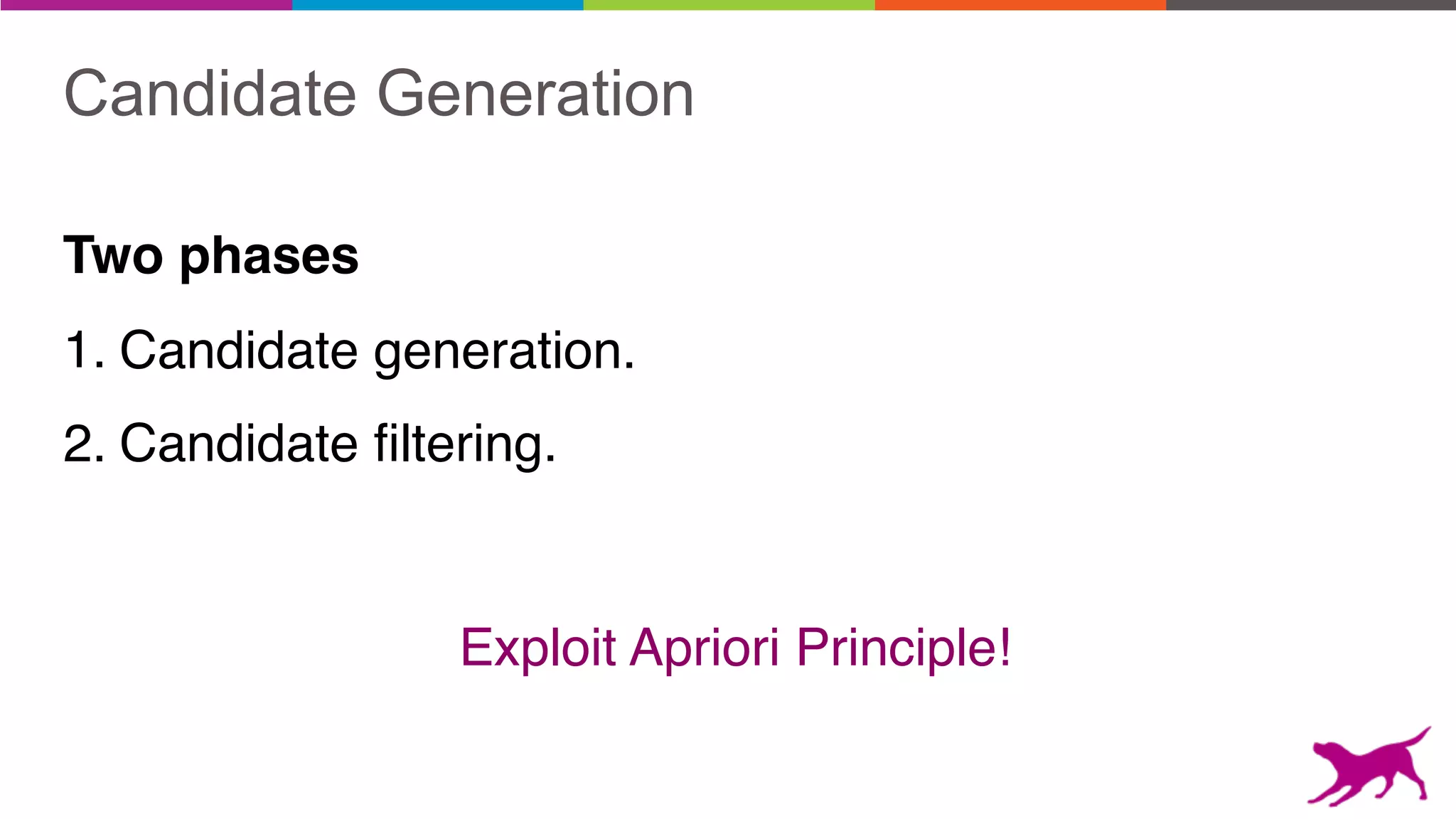 Candidate Generation
Two phases
1. Candidate generation.
2. Candidate filtering.
Exploit Apriori Principle!
 