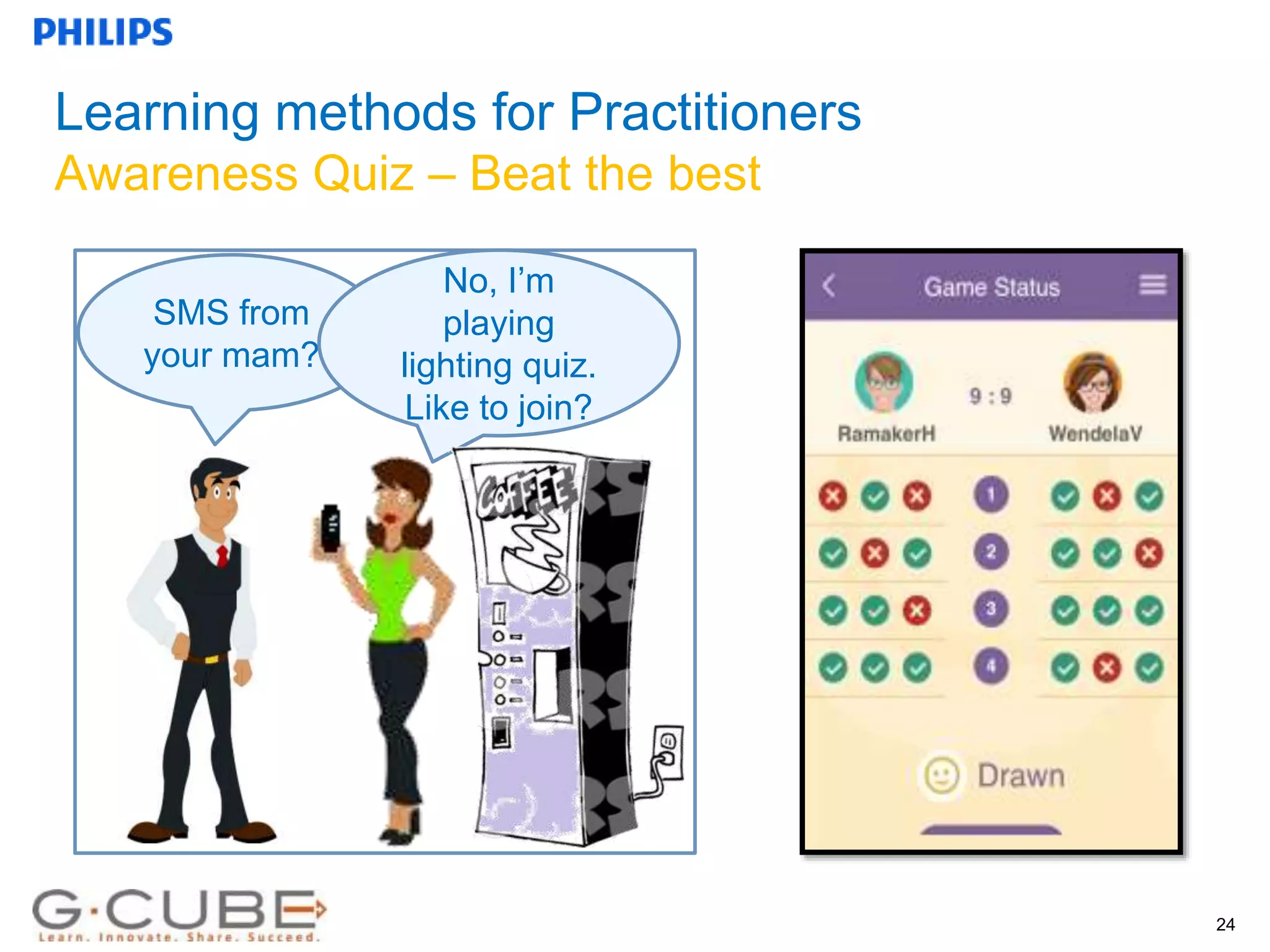 Internal use only
Learning methods for Practitioners
Awareness Quiz – Beat the best
24
SMS from
your mam?
No, I’m
playing
lighting quiz.
Like to join?
 