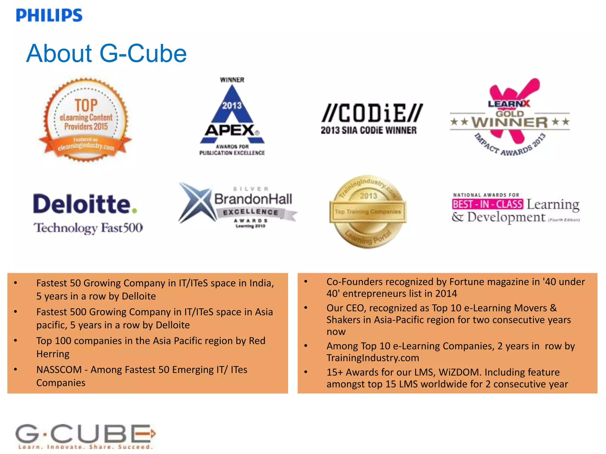 Internal use only
About G-Cube
• Fastest 50 Growing Company in IT/ITeS space in India,
5 years in a row by Delloite
• Fastest 500 Growing Company in IT/ITeS space in Asia
pacific, 5 years in a row by Delloite
• Top 100 companies in the Asia Pacific region by Red
Herring
• NASSCOM - Among Fastest 50 Emerging IT/ ITes
Companies
• Co-Founders recognized by Fortune magazine in '40 under
40' entrepreneurs list in 2014
• Our CEO, recognized as Top 10 e-Learning Movers &
Shakers in Asia-Pacific region for two consecutive years
now
• Among Top 10 e-Learning Companies, 2 years in row by
TrainingIndustry.com
• 15+ Awards for our LMS, WiZDOM. Including feature
amongst top 15 LMS worldwide for 2 consecutive year
 