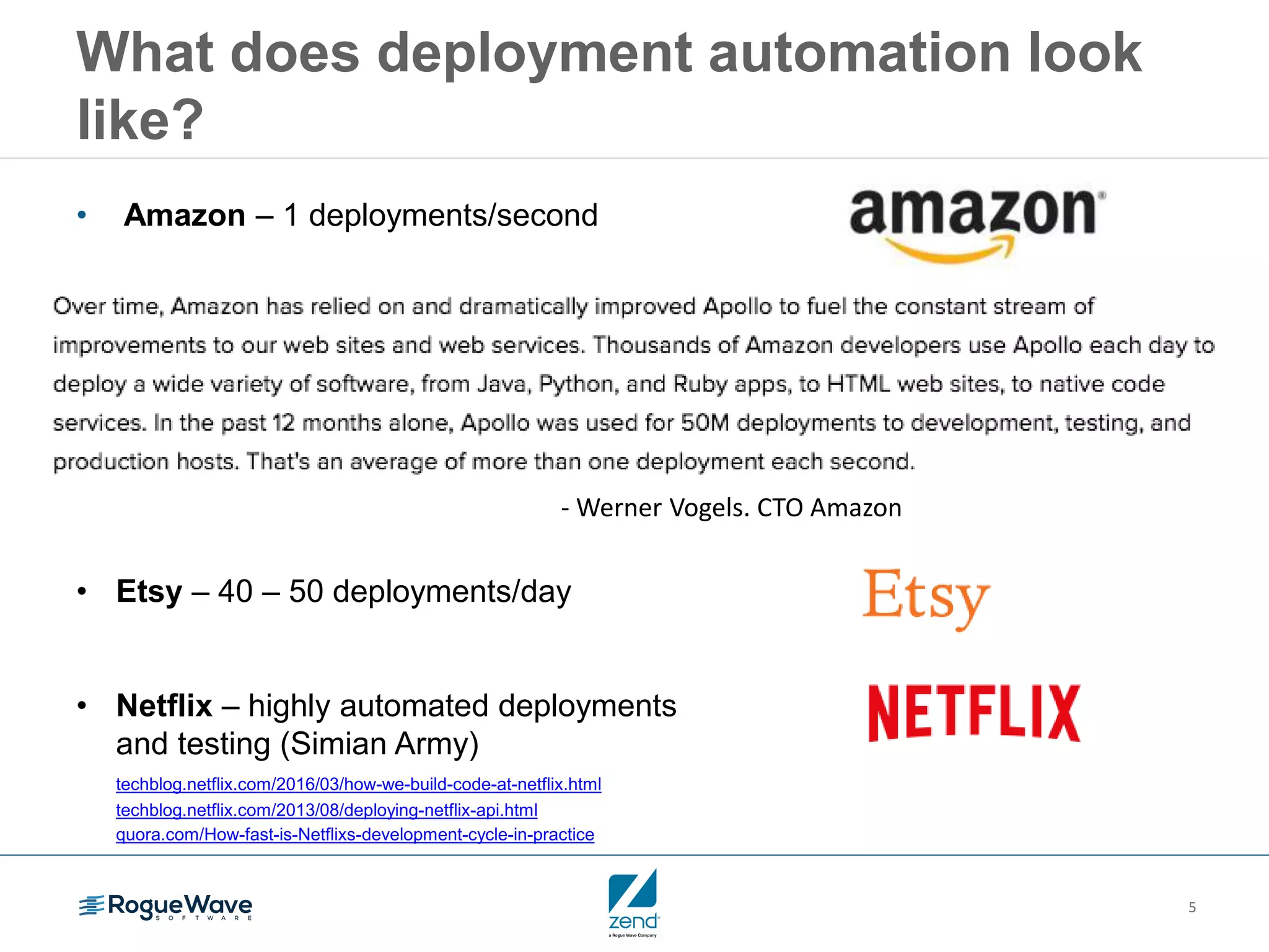 5
What does deployment automation look
like?
• Amazon – 1 deployments/second
- Werner Vogels. CTO Amazon
• Etsy – 40 – 50 deployments/day
• Netflix – highly automated deployments
and testing (Simian Army)
techblog.netflix.com/2016/03/how-we-build-code-at-netflix.html
techblog.netflix.com/2013/08/deploying-netflix-api.html
quora.com/How-fast-is-Netflixs-development-cycle-in-practice
 