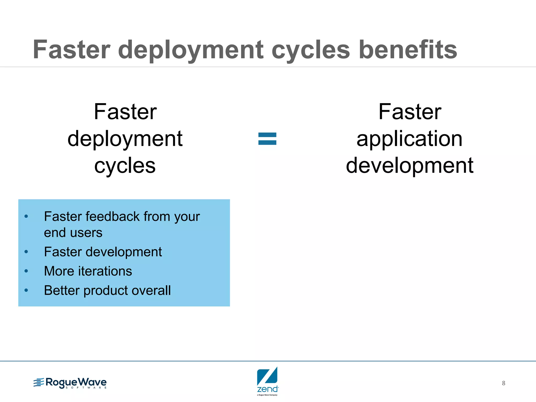 8
Faster deployment cycles benefits
• Faster feedback from your
end users
• Faster development
• More iterations
• Better product overall
Faster
deployment
cycles
Faster
application
development
=
 