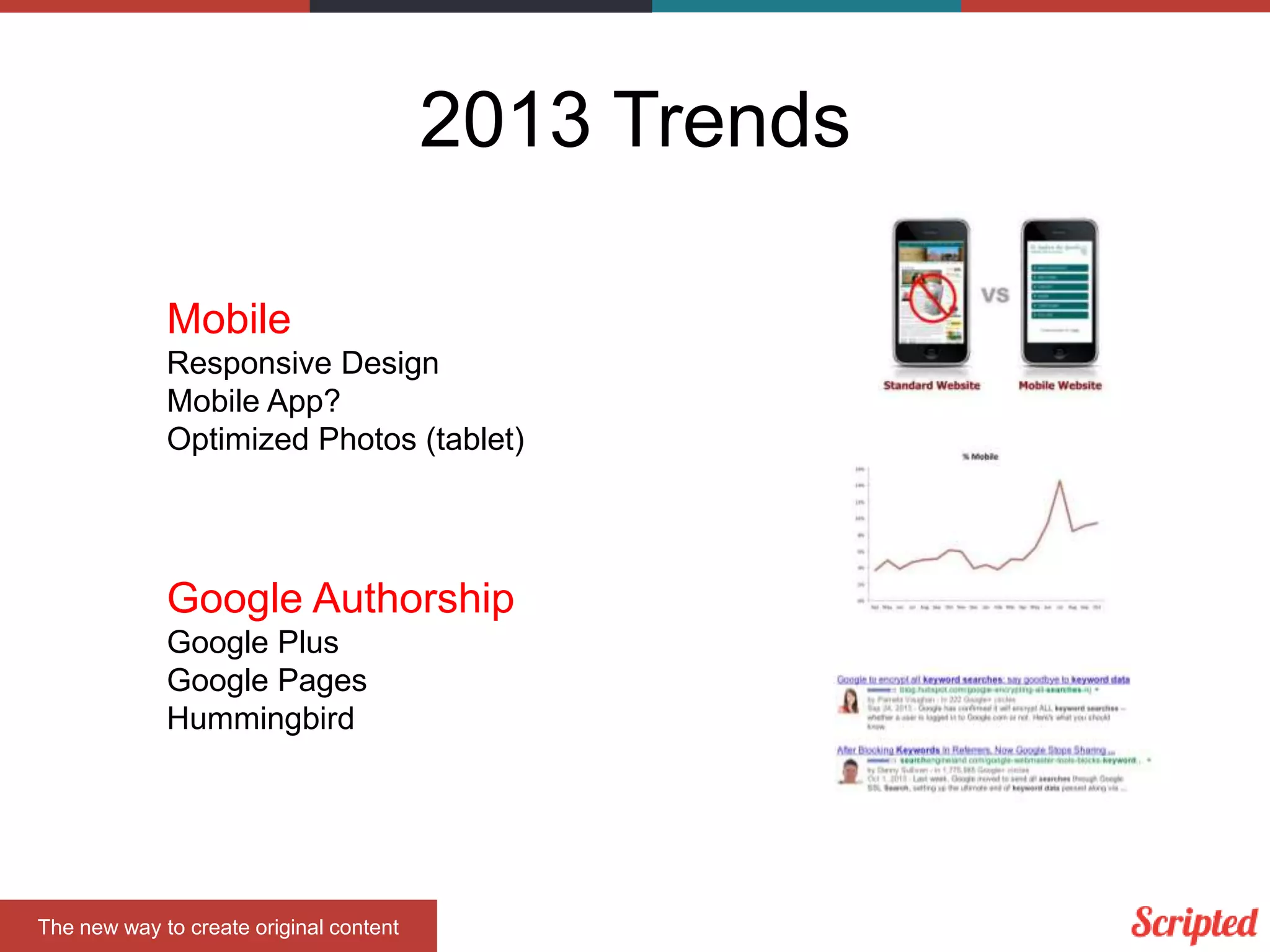 2013 Trends
Mobile
Responsive Design
Mobile App?
Optimized Photos (tablet)

Google Authorship
Google Plus
Google Pages
Hummingbird

The new way to create original content

 