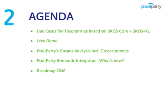 AGENDA
● Use Cases for Taxonomies based on SKOS Core + SKOS-XL
● Live Demo
● PoolParty’s Corpus Analysis incl. Co-occurenc...