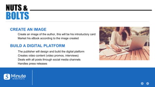 Create an image of the author, this will be his introductory card
Market his eBook according to the image created
NUTS &
BOLTS
CREATE AN IMAGE
BUILD A DIGITAL PLATFORM
The publisher will design and build the digital platform
Creates video content (video promos, interviews)
Deals with all posts through social media channels
Handles press releases
 