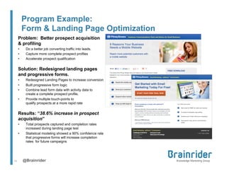 Program Example:
Form & Landing Page Optimization
Problem: Better prospect acquisition
& profiling
• 
• 
• 

Do a better job converting traffic into leads.
Capture more complete prospect profiles
Accelerate prospect qualification

Solution: Redesigned landing pages
and progressive forms.
• 
• 
• 
• 

Redesigned Landing Pages to increase conversion
Built progressive form logic
Combine lead form data with activity data to
create a complete prospect profile.
Provide multiple touch-points to
qualify prospects at a more rapid rate

Results: “38.6% increase in prospect
acquisition”
• 
• 

16	
  

Total prospects captured and completion rates
increased during landing page test
Statistical modeling showed a 90% confidence rate
that progressive forms will increase completion
rates for future campaigns

@Brainrider

 