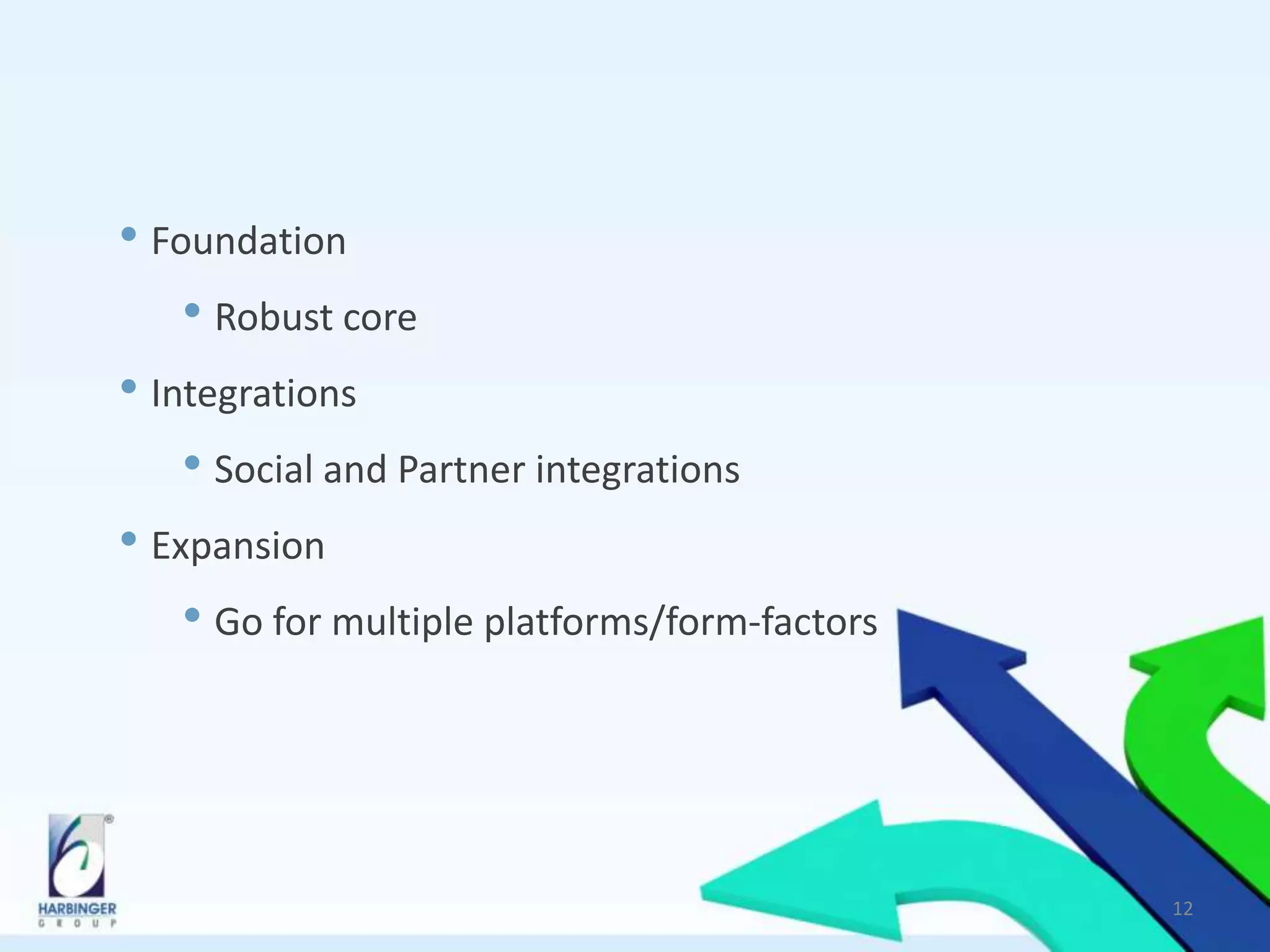 • Foundation
• Robust core
• Integrations
• Social and Partner integrations
• Expansion
• Go for multiple platforms/form-factors
12